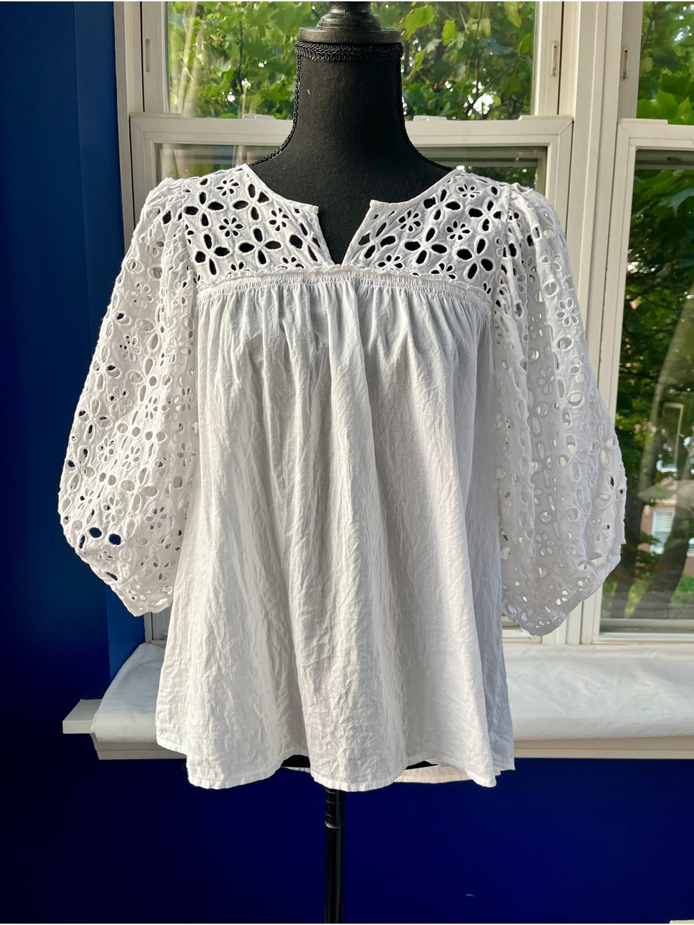 Lil by Anthropologie White Eyelet Cotton Blouse, XS